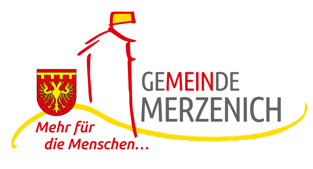 Logo Gemeinde Merzenich mit Wappen und Grafik. Text "Gemeinde Merzenich Mehr für die Menschen …"