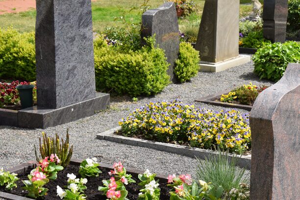 Friedhof mit gepflegten Erdgräbern und Grabsteinen
