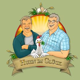 ein Cartoon von zwei Männern und einem Huhn mit einem vierblättrigen Kleeblatt im Schnabel dazwischen