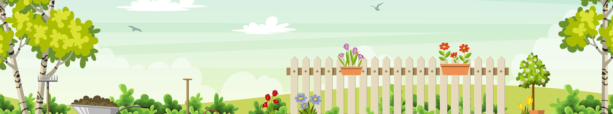 Spring,Landscape,With,Garden,Tools,,Vector,Illustration