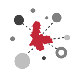 grafische Darstellung OpenData: eine rote Fläche in Form der Gemeindefläche strahlt kreisförmige "Satelliten" ab, verbunden mit gestrichelten Linien