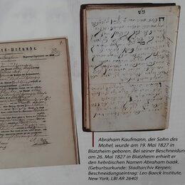 Geburtsurkunde Abraham Kaufmanns (l.), Mohel-Buch Isaac Kaufmann (r.)